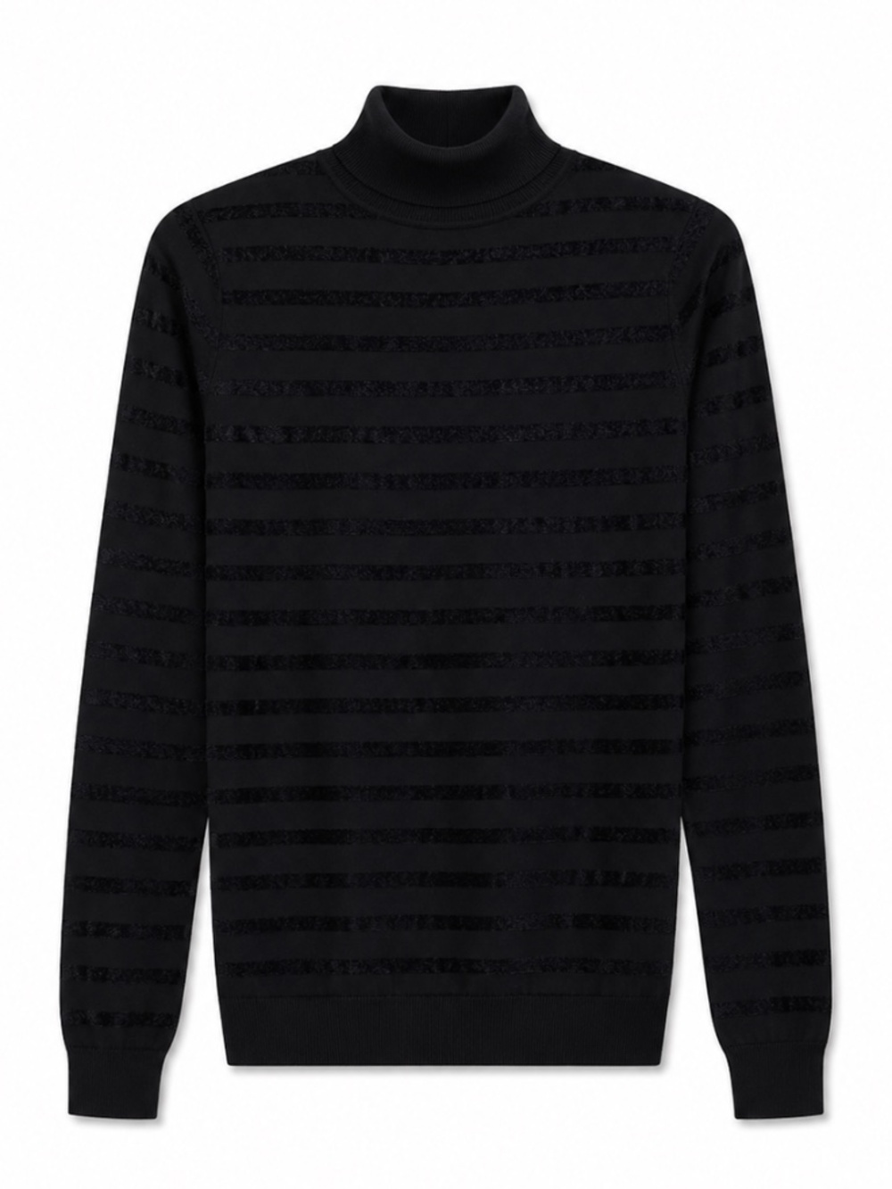 Guess Black Turtleneck Sweater with Velvet Textured Stripes – Small EUC